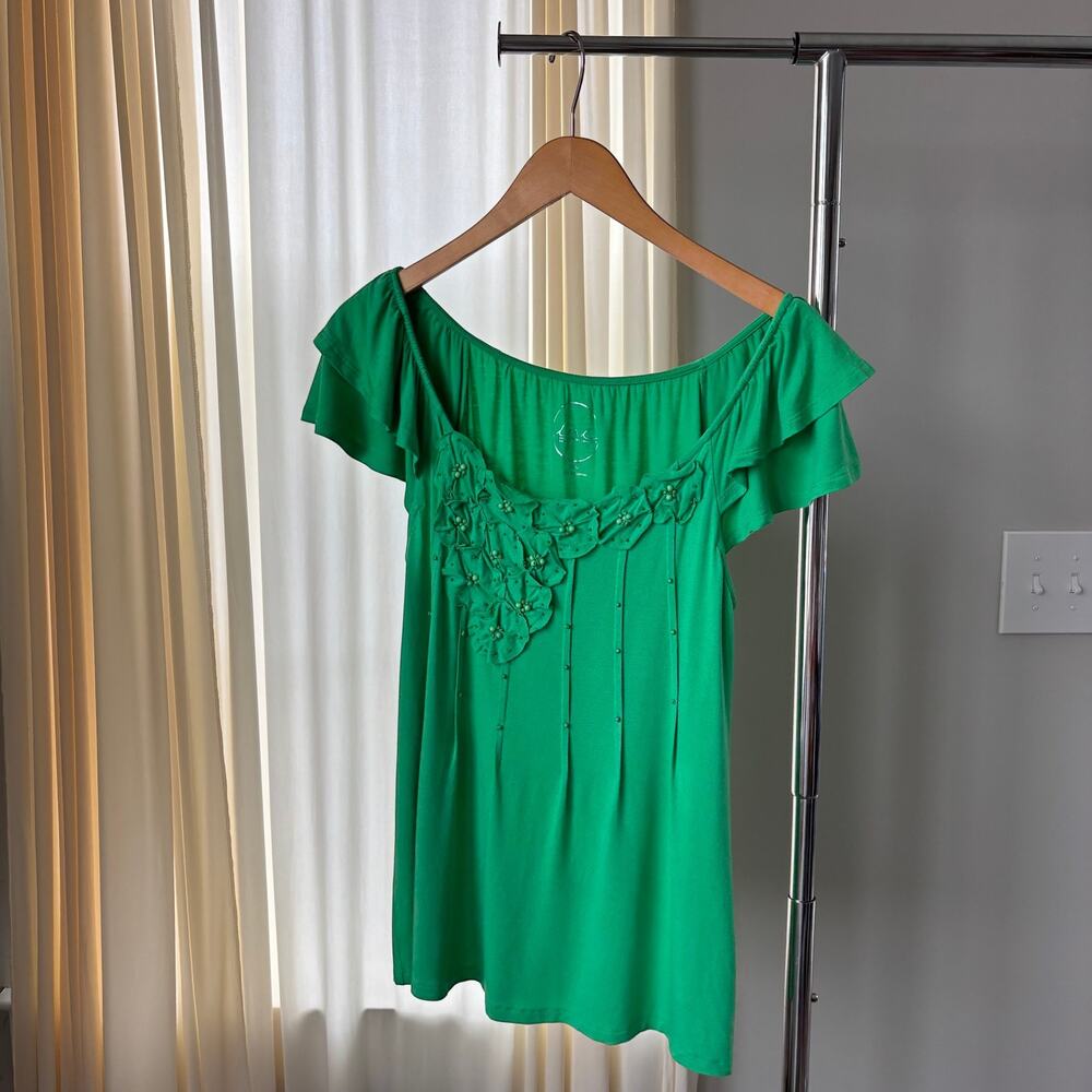 Vintage Y2K INC Flutter Sleeve Top Petite Medium Bright Green Soft Girl Fairy - Picture 15 of 16